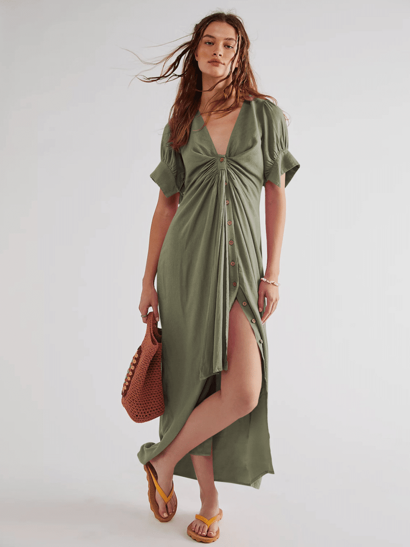 Solid Color Buttoned Dress