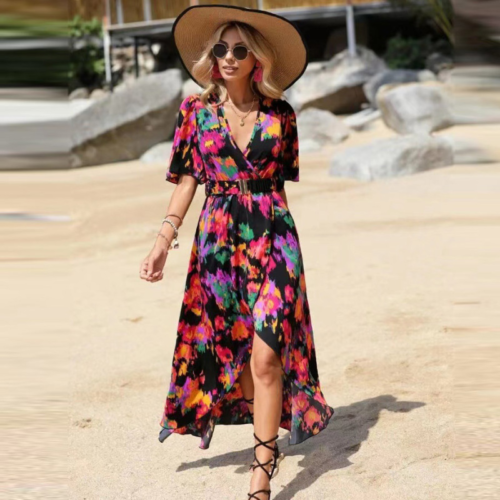 Short Sleeve V Neck Maxi Dress