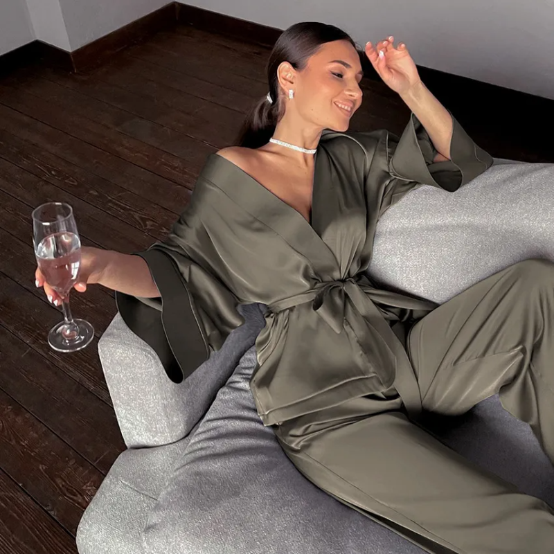 Satin Cardigan Lace Up Set - Image 5