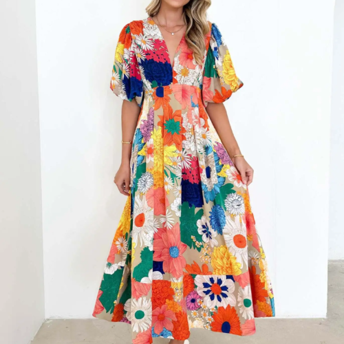 Casual Floral Puff Sleeve Maxi Dress
