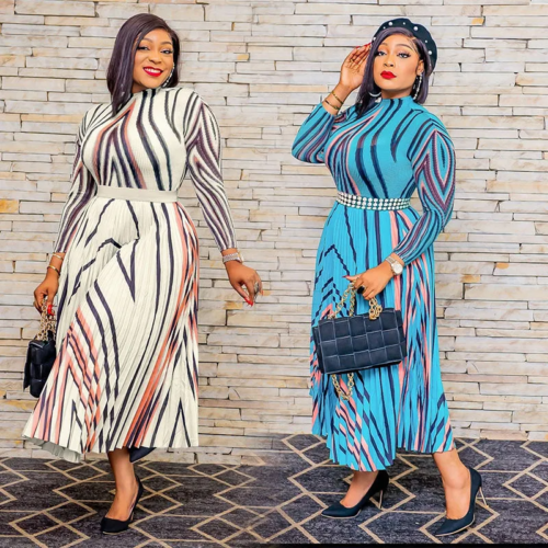 Color Stripe Pleated Dress