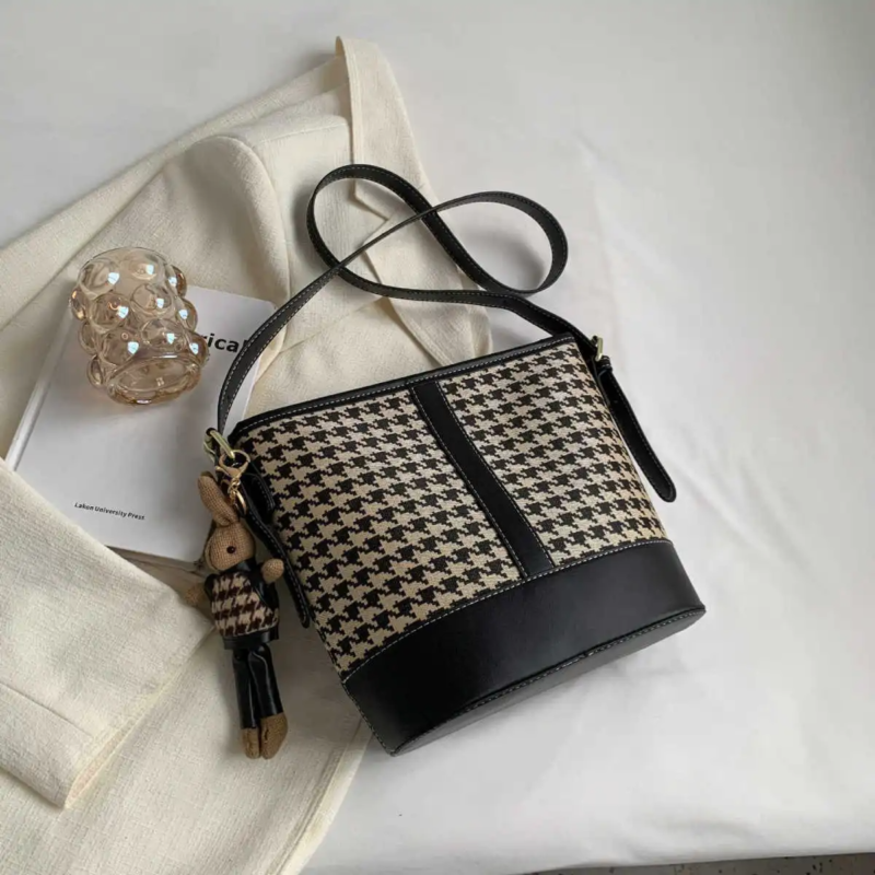 Houndstooth Cartoon Pendant Bucket Bag - Image 6
