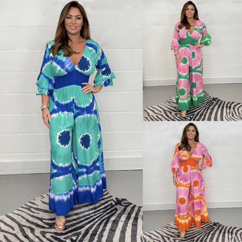 Tie Dye Horn Sleeve Jumpsuit