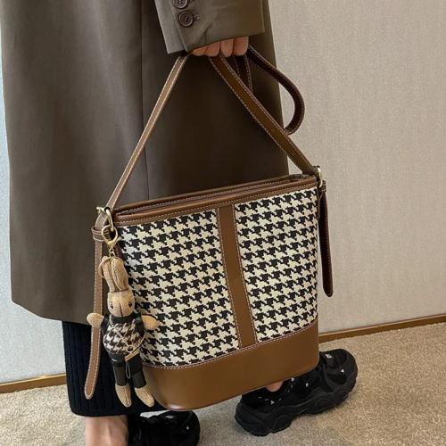 Houndstooth Cartoon Pendant Bucket Bag