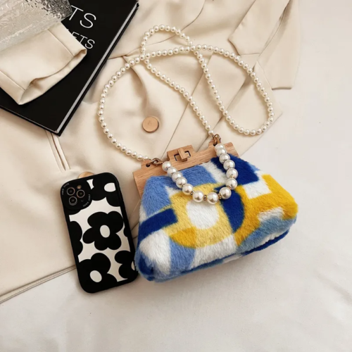 Color Block Pearl Handle Plush Bag